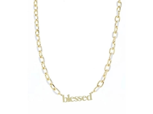 WHITE ENAMEL CHAIN WITH GOLD "BLESSED" BAR NECKLACE