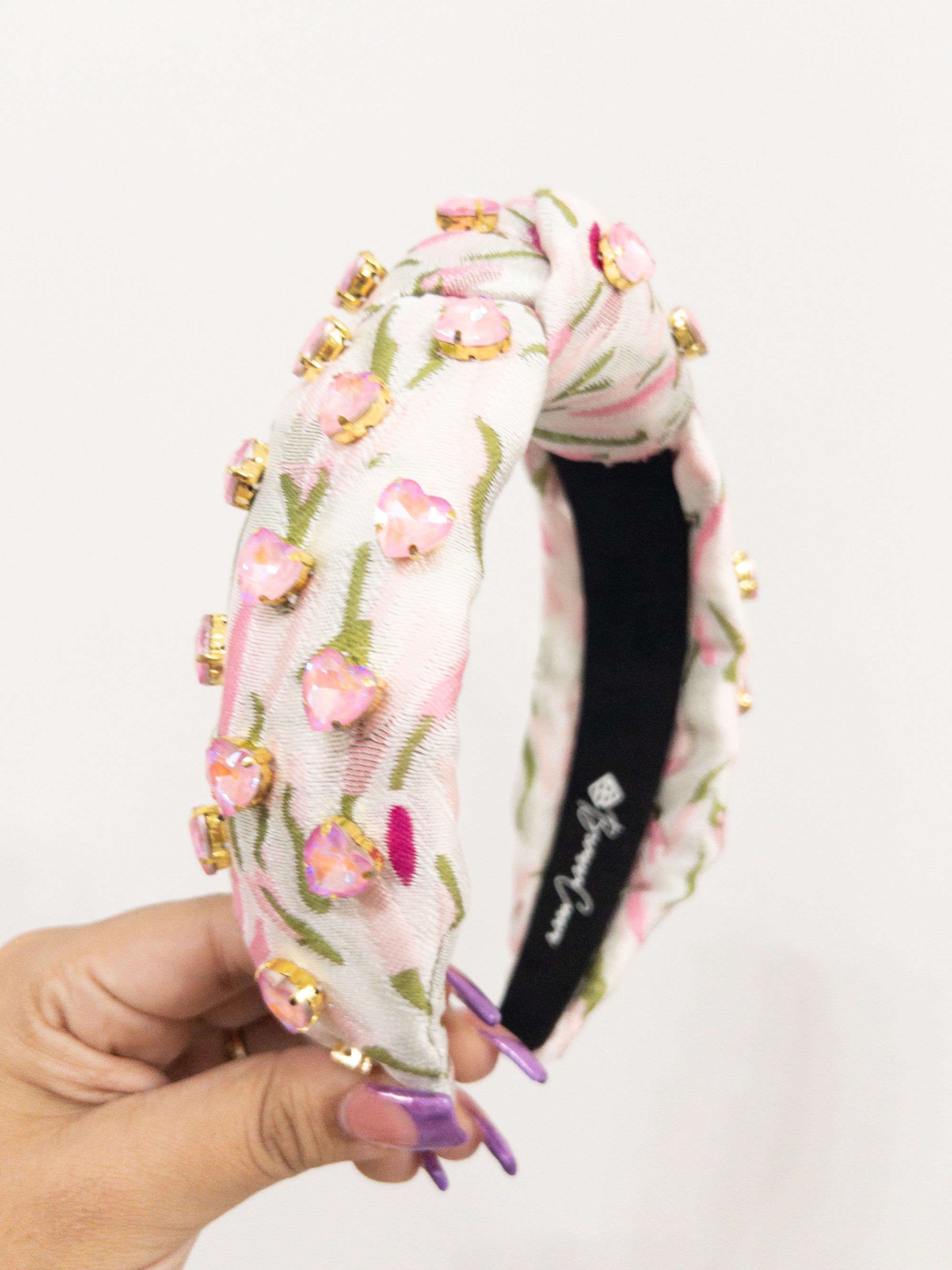 LIGHT GREEN & PINK FLORAL HEADBAND WITH LIGHT PINK HEART CRYSTALS