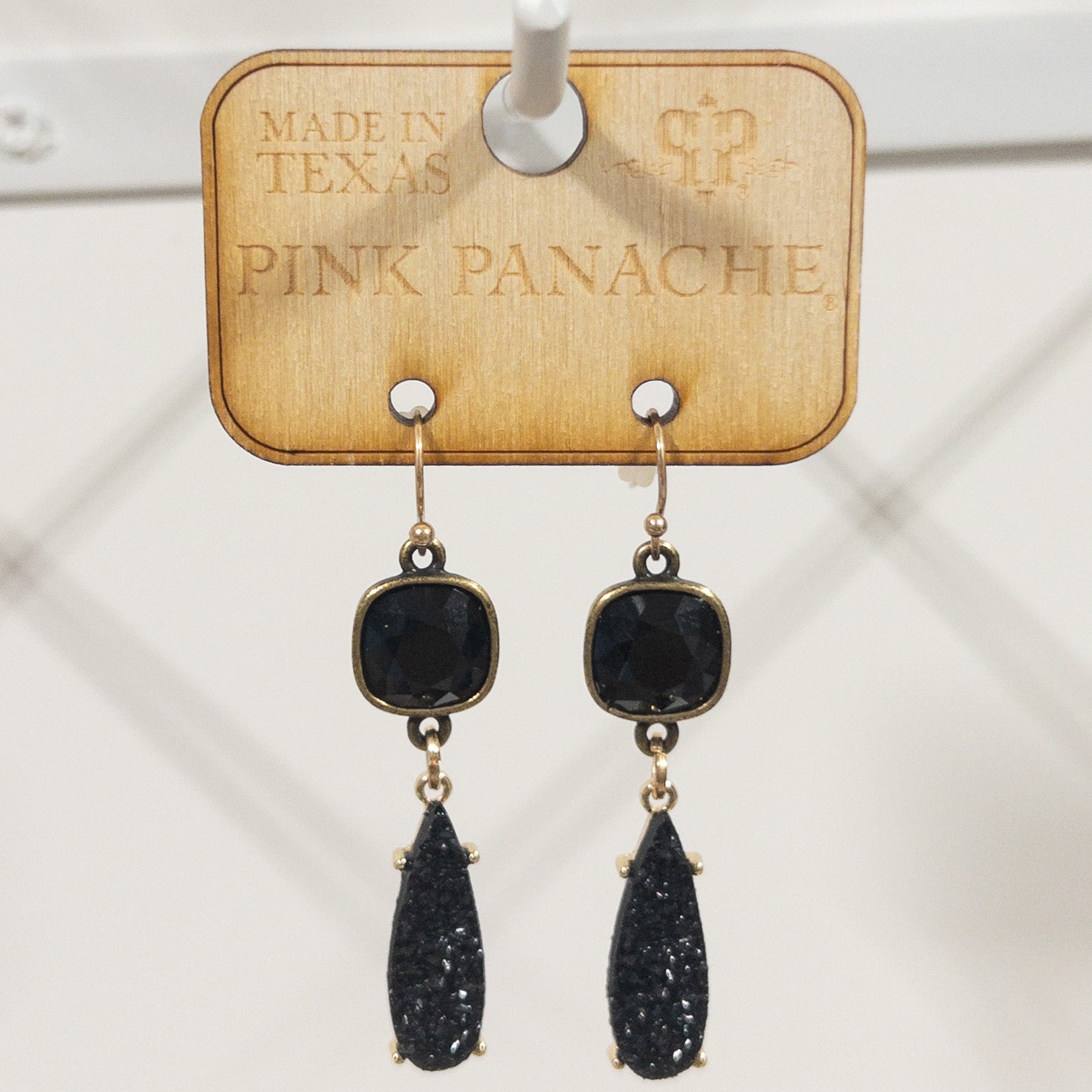 BLACK TEARDROP TEXTURED FISH HOOK DANGLES PINK PANACHE