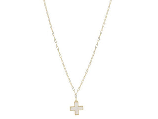 GOLD CASED WHITE SHELL SQUARE CROSS XLONG NECKLACE