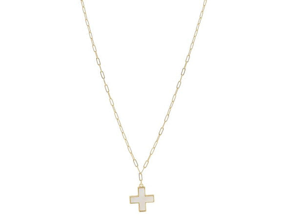 GOLD CASED WHITE SHELL SQUARE CROSS XLONG NECKLACE