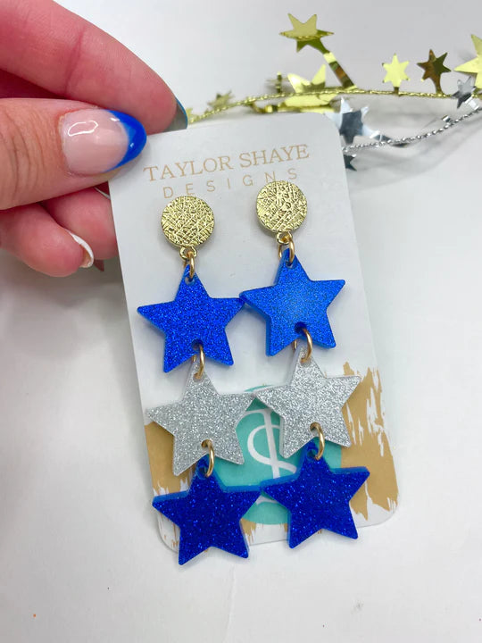 TAYLOR SHAYE BLUE/SILVER GLITTER TRIPLE STAR DROPS