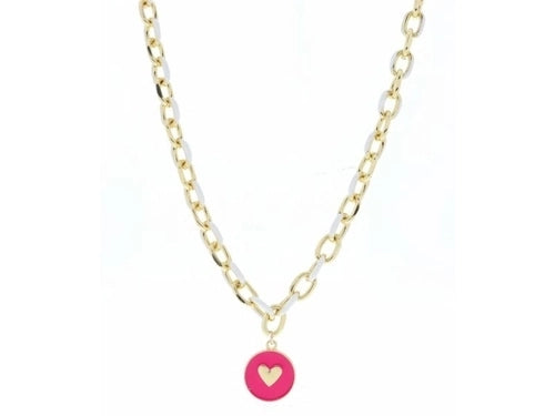 WHITE ENAMEL CHAIN AND HOT PINK ENAMEL DISC WITH GOLD HEART NECKLACE