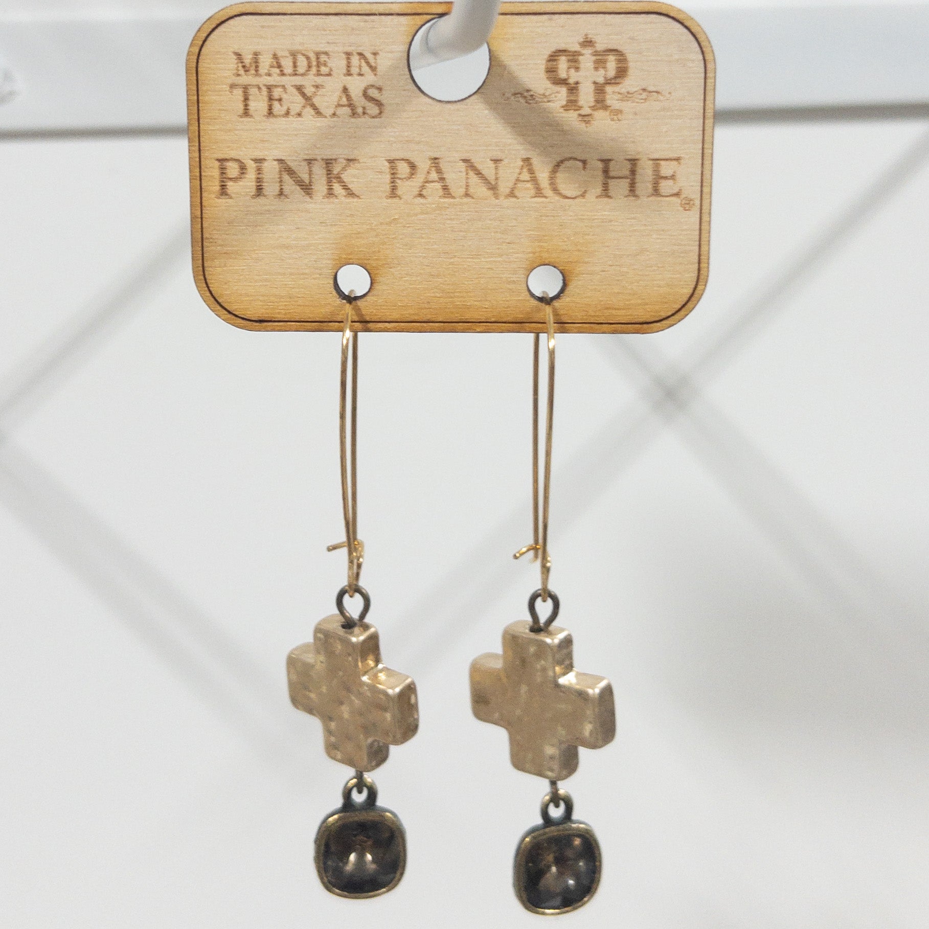 GOLD CROSS CHOCOLATE GEM FISH HOOK DANGLES PINK PANACHE