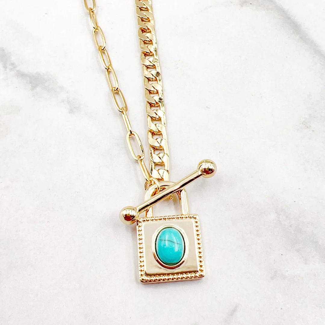 SQUARE TURQ. GOLD NECKLACE TREASURE JEWELS