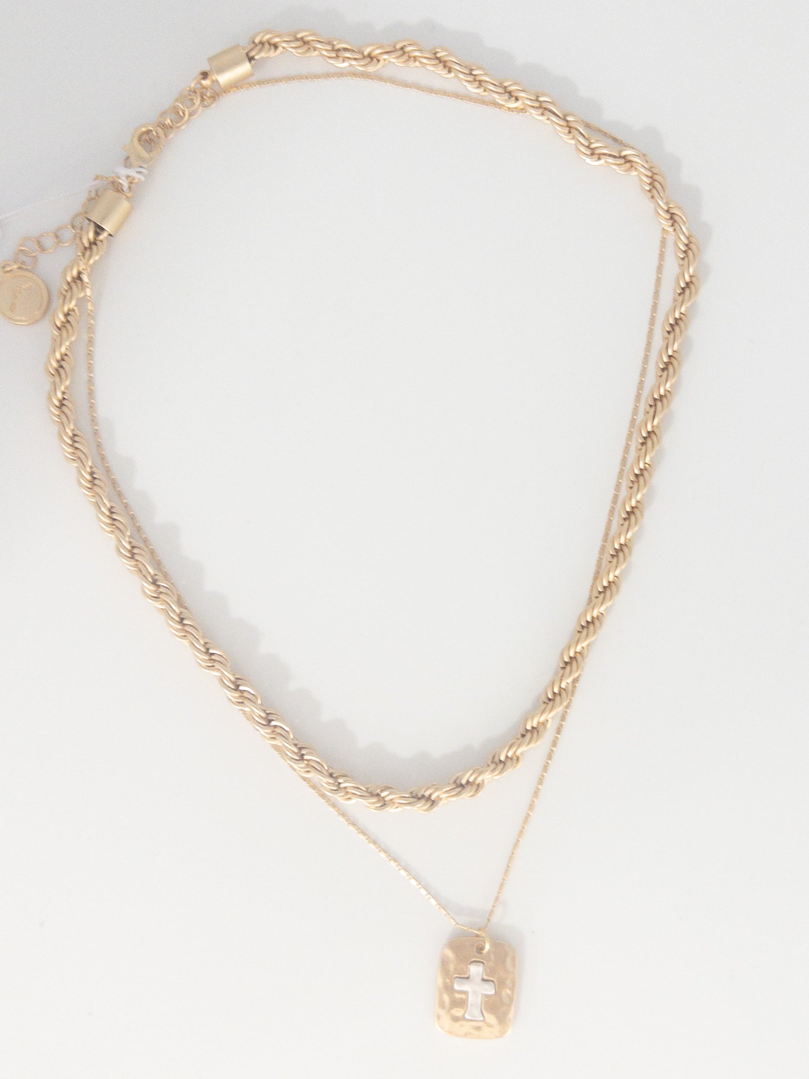 2 STRAND, GOLD SNAKE CHAIN, GOLD SATELLITE CHAIN WITH SILVER CROSS NECKLACE JANE MARIE