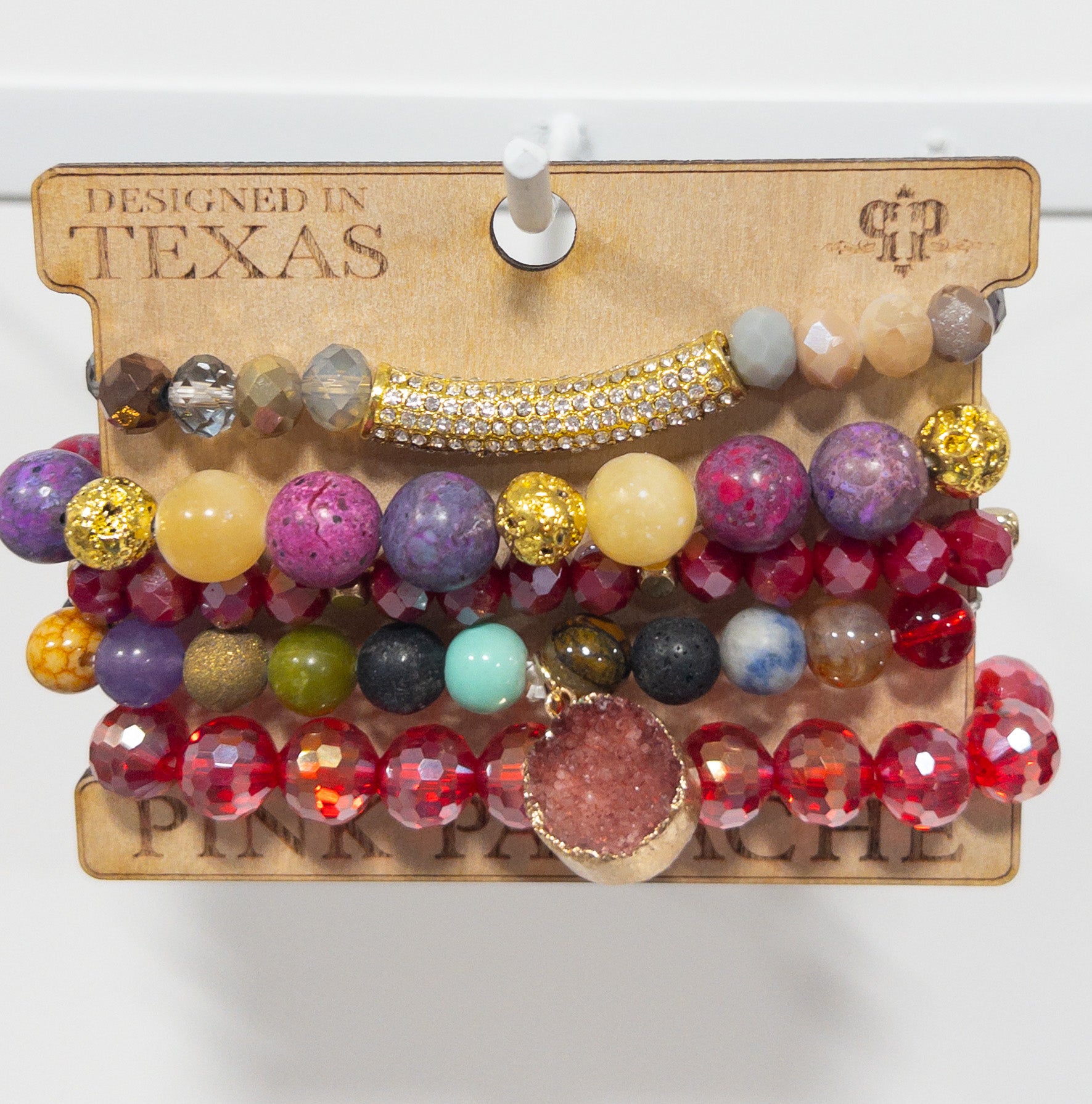 PINK PANACHE MULTI RED GEM GOLD RHINESTONE DETAIL BRACELET SET