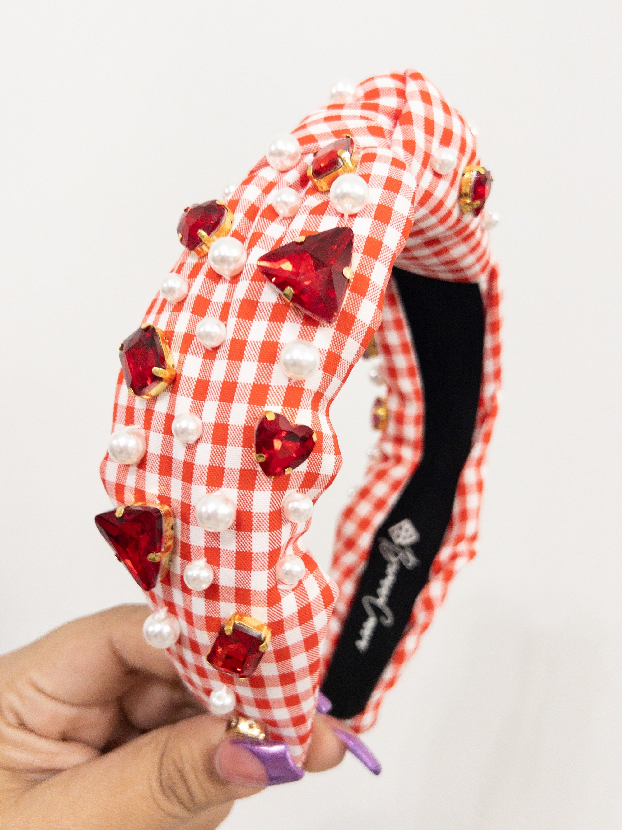 RED AND WHITE GINGHAM HEADBAND WITH RED HEART CRYSTALS AND PEARLS