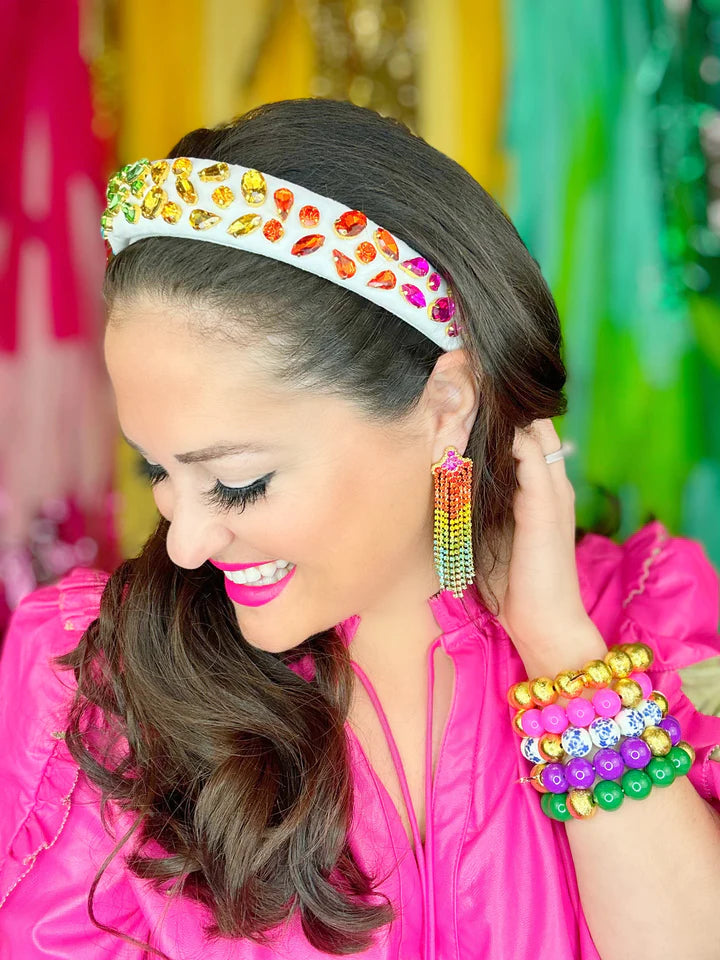 WHITE VELVET THIN HEADBAND WITH RAINBOW GRADIENT HAND-SEWN CRYSTALS