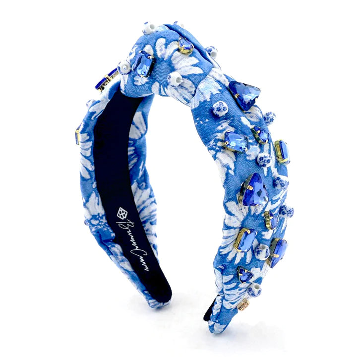 BLUE & WHITE FLORAL HEADBAND WITH CRYSTALS AND BEADS BRIANNA CANNON