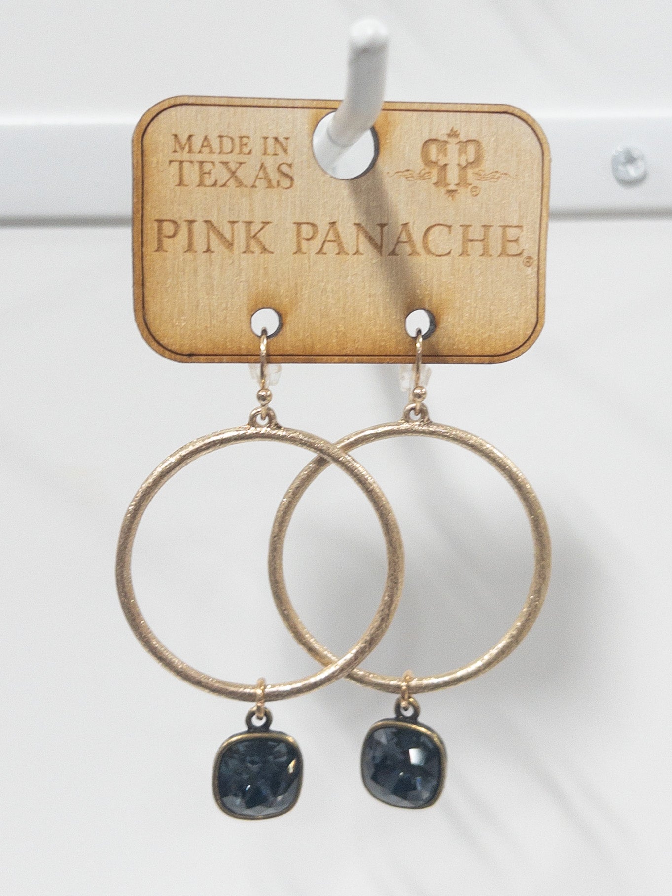 PINK PANACHE DEEP GRAY GEM GOLD CIRCLE DANGLES