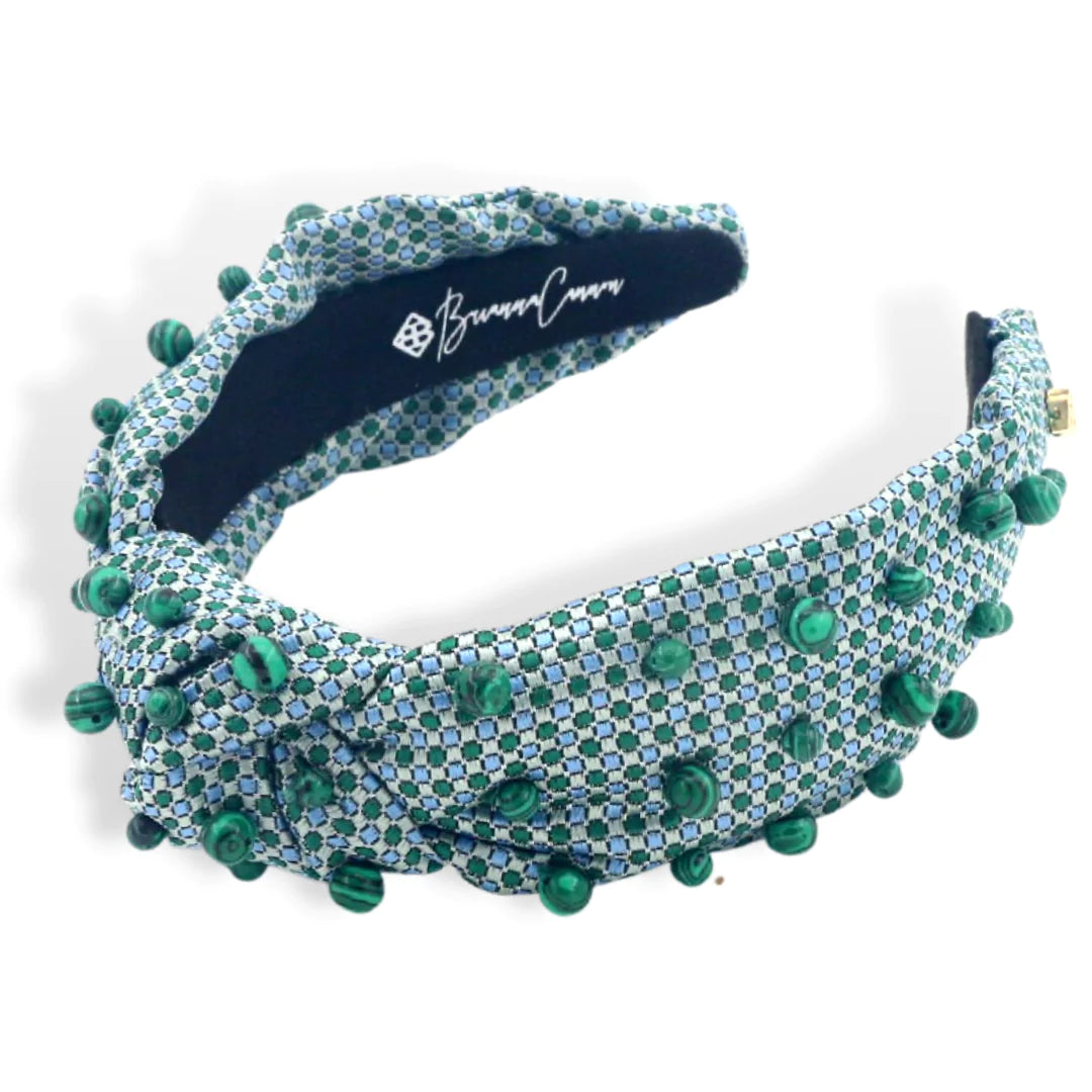 BRIANNA CANNON GREEN AND BLUE SATIN HEADBAND WITH GREEN MALACHITE BEADS