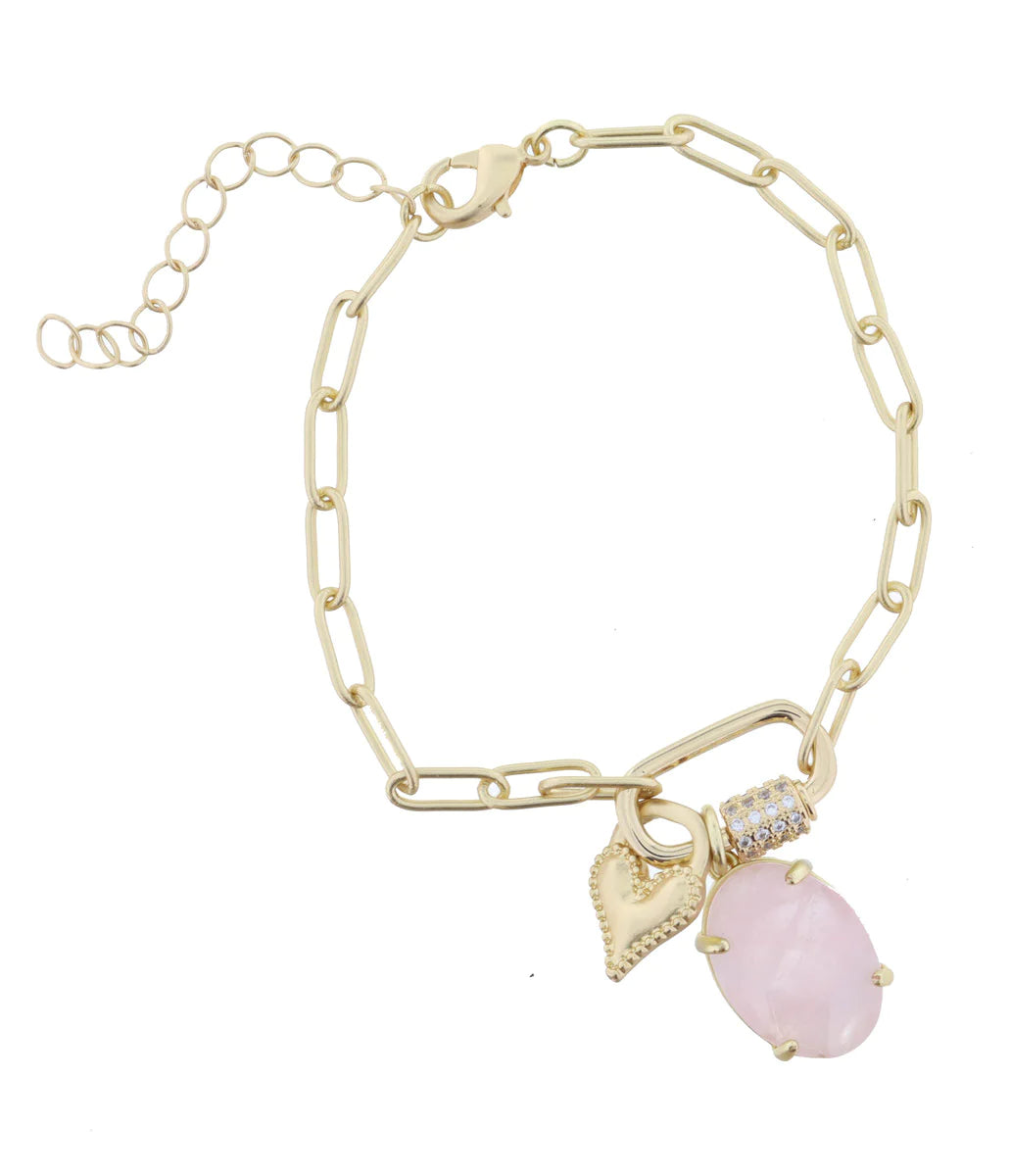 GOLD CARABINER WITH CRYSTALS, ROSE QUARTZ OVAL, GOLD HEART LATCH BRACELET JANE MARIE