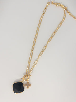 GOLD TOGGLE CROSS BLACK  DETAIL NECKLACE JANE MARIE