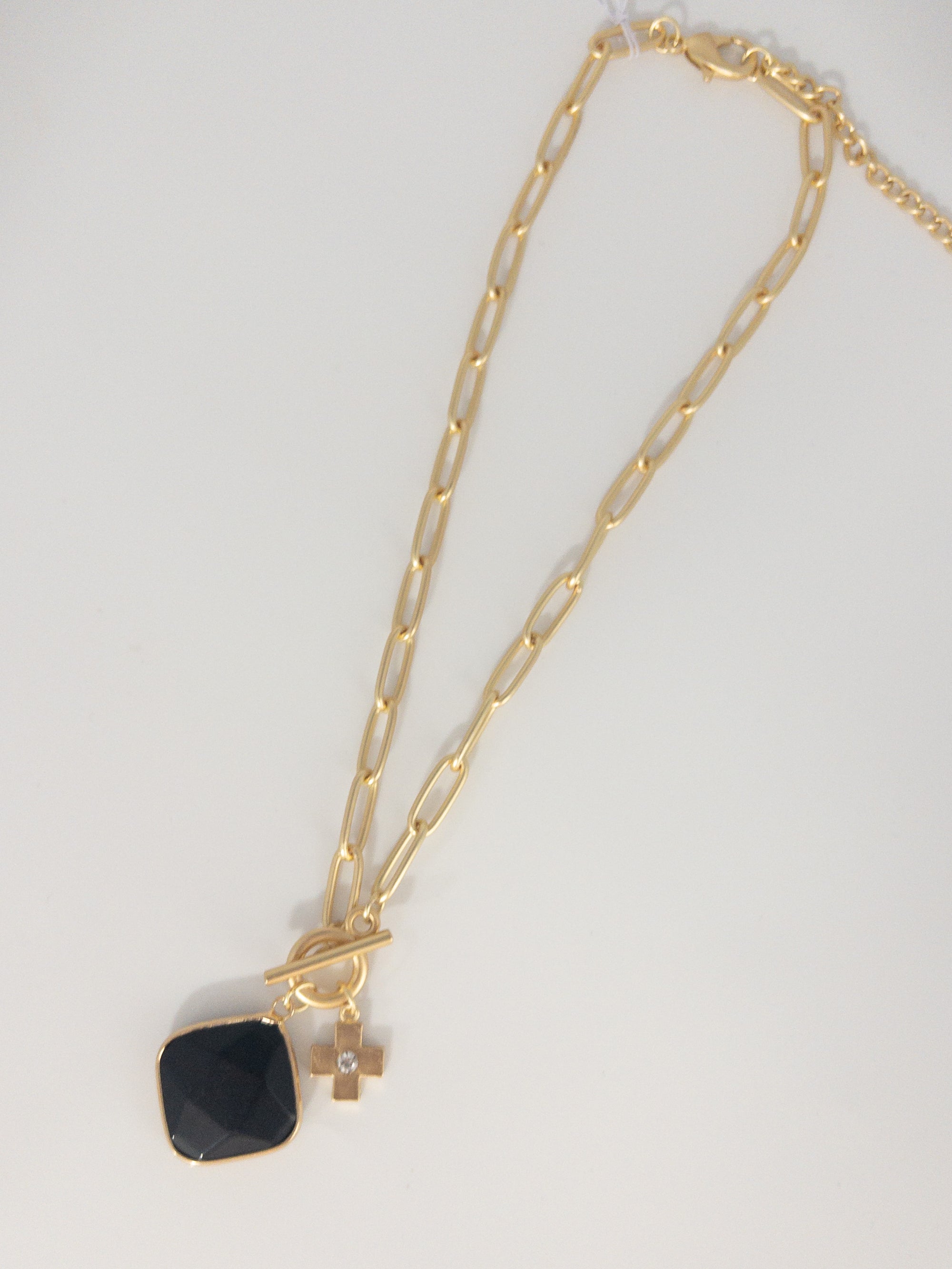 GOLD TOGGLE CROSS BLACK  DETAIL NECKLACE JANE MARIE