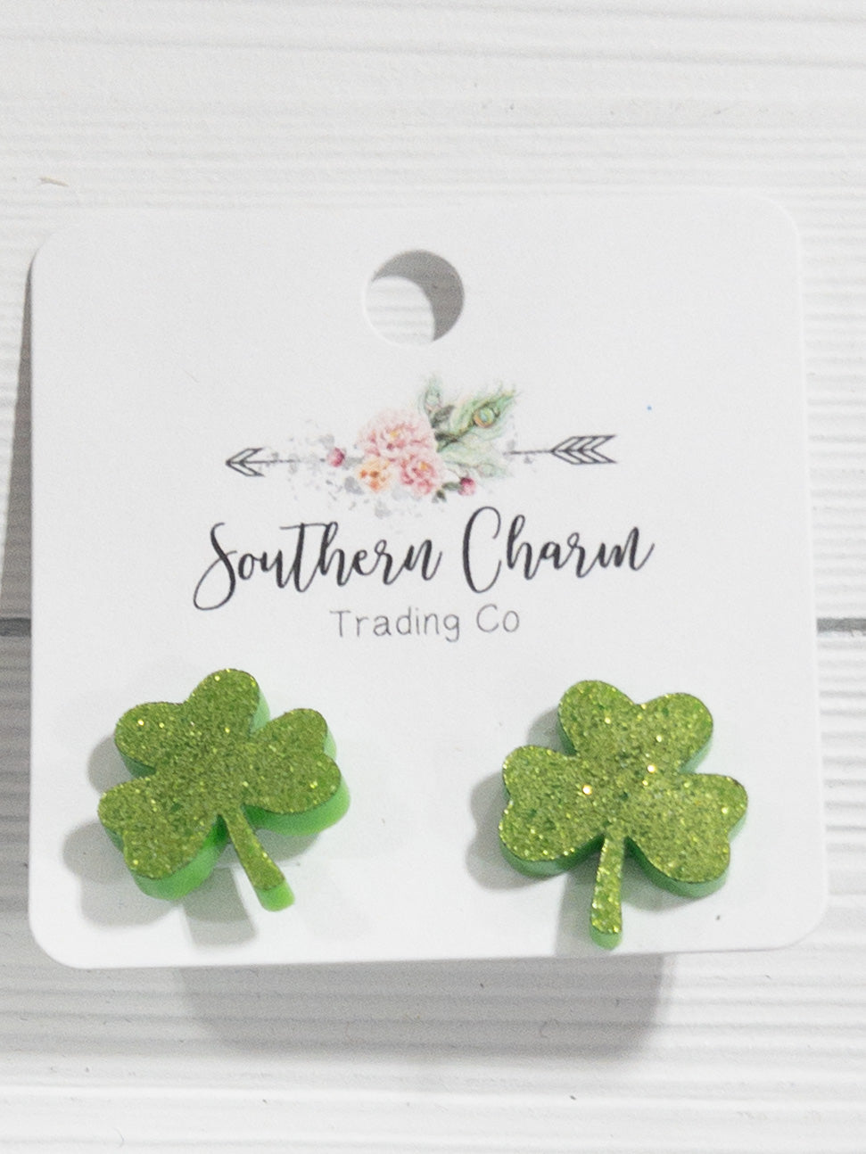 SOUTHERN CHARM ST PATRICKS CLOVER STUD LIGHT GREEN GLITTER