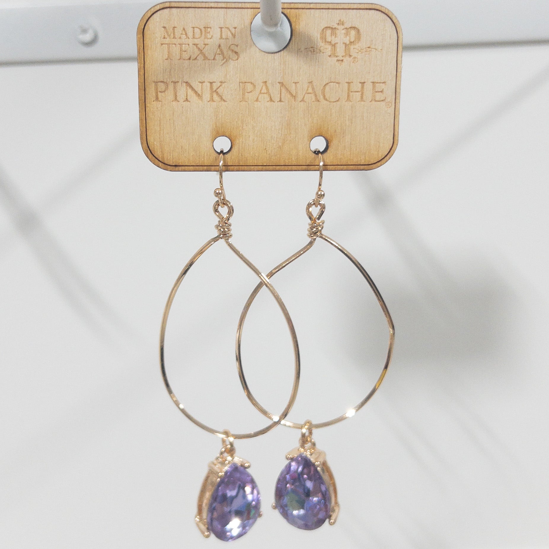 PURPLE TEARDROP GEM FISH HOOK DANGLE PINK PANACHE