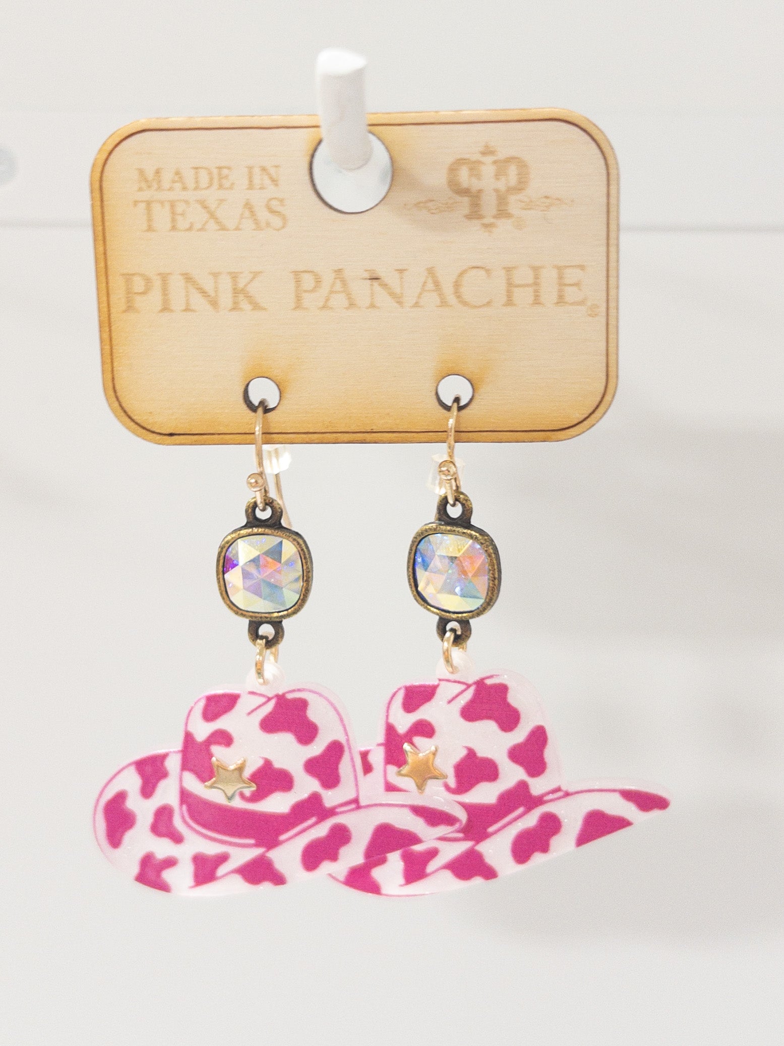 303 PP PINK COWPRINT COWGIRL HAT DANGLES
