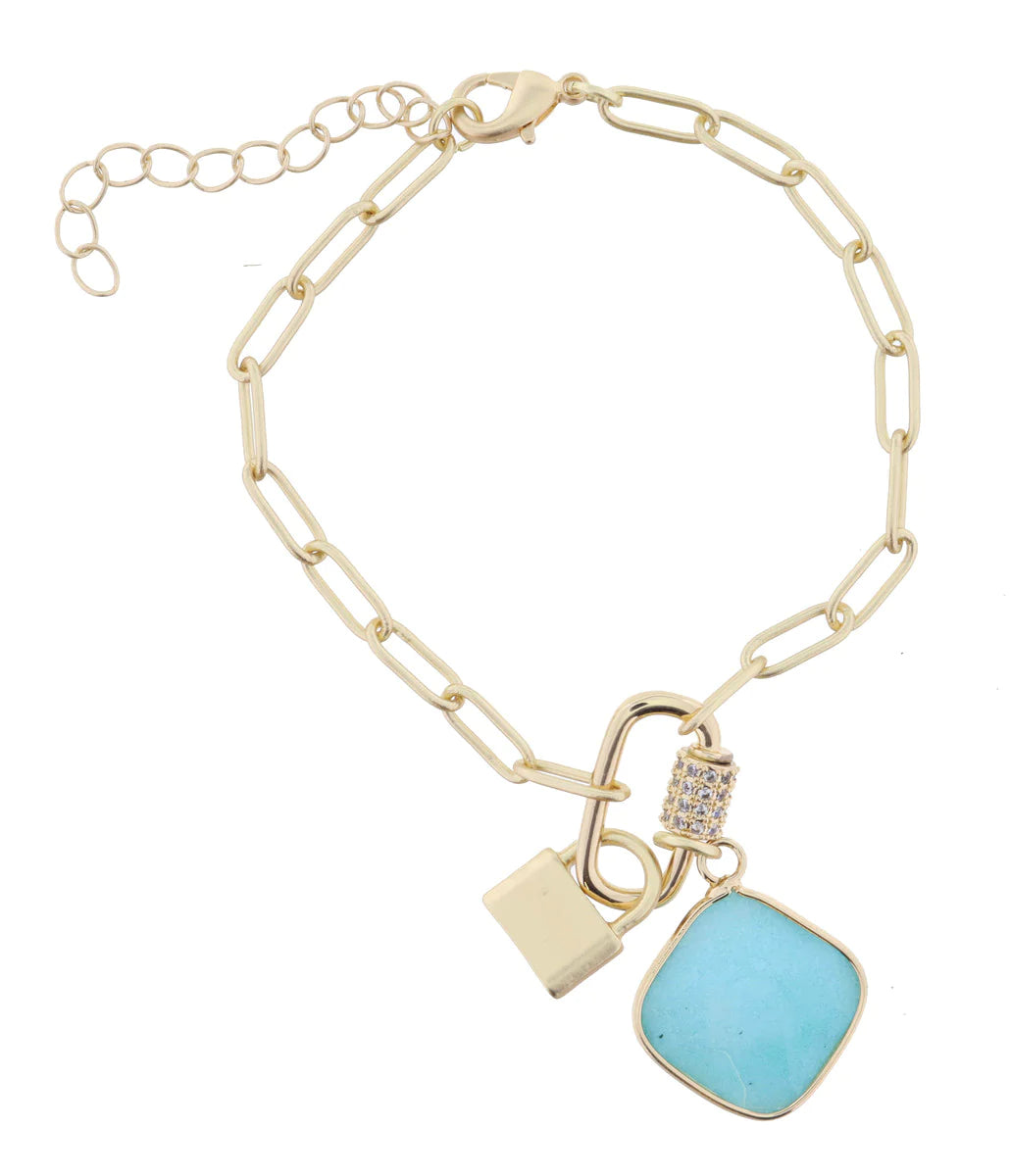 GOLD CARABINER WITH CRYSTALS, AMAZONITE SQUARE STONE, GOLD PADLOCK BRACELET JANE MARIE