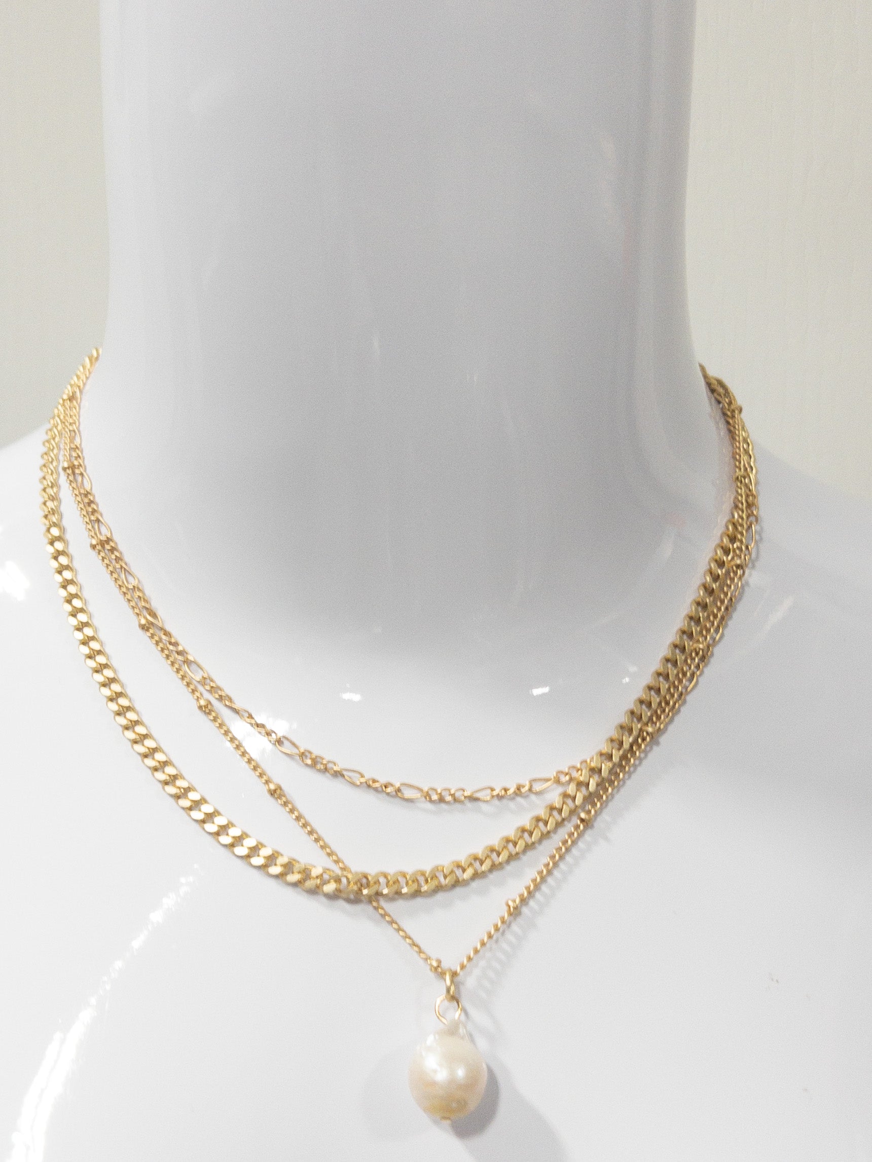 3 STRAND, MULTI CHAIN WITH FIGARO, CURB, SATELLITE WITH PEARL DROP NECKLACE