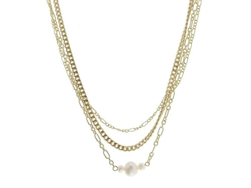 3 STRAND, MULTI CHAIN WITH FIGARO, CURB, LONG AND SHORT WITH PEARLS NECKLACE