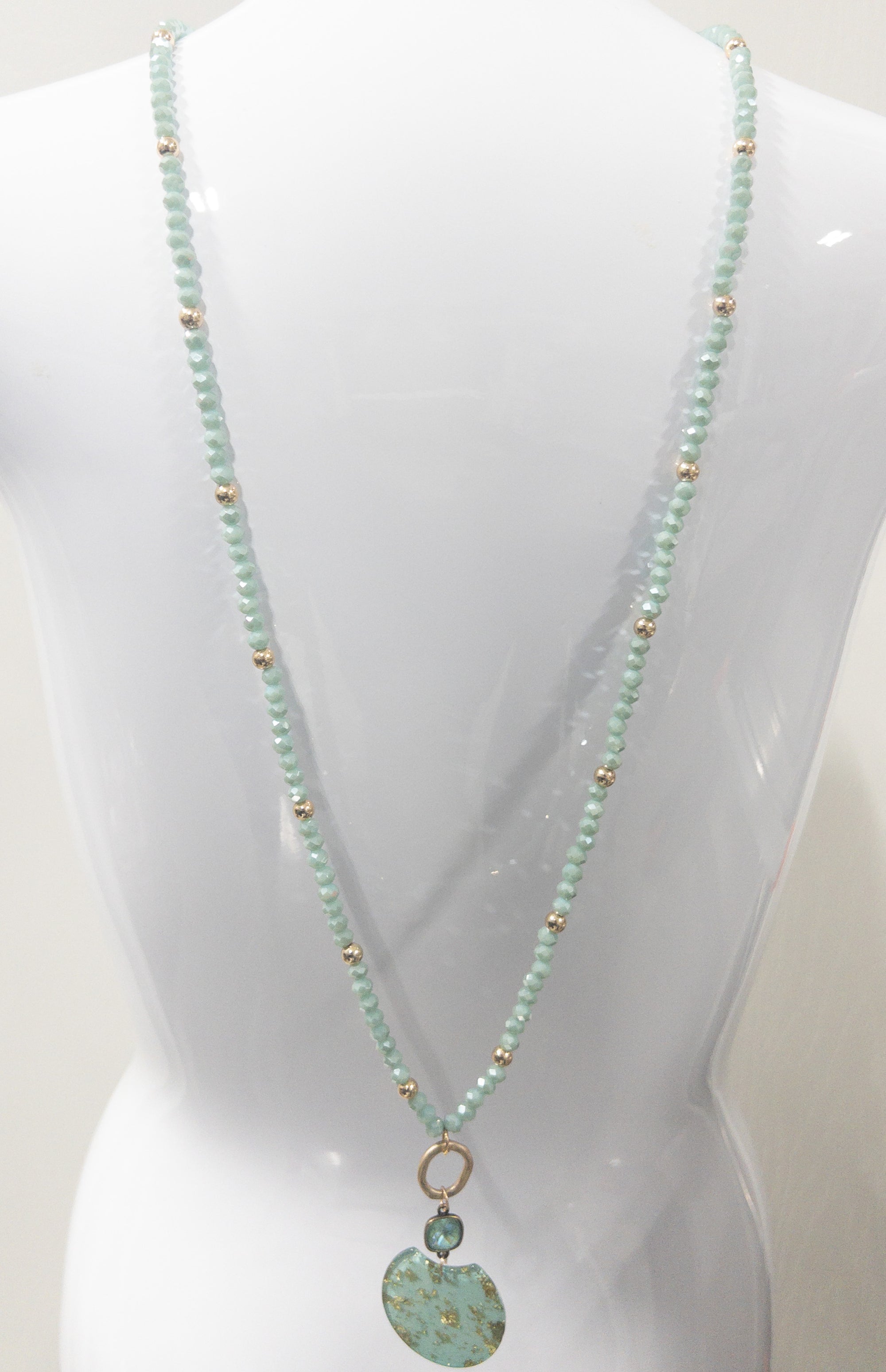 PINK PANACHE TEAL GEM XLONG BEADED NECKLACE W RESIN GOLD FOIL DETAIL