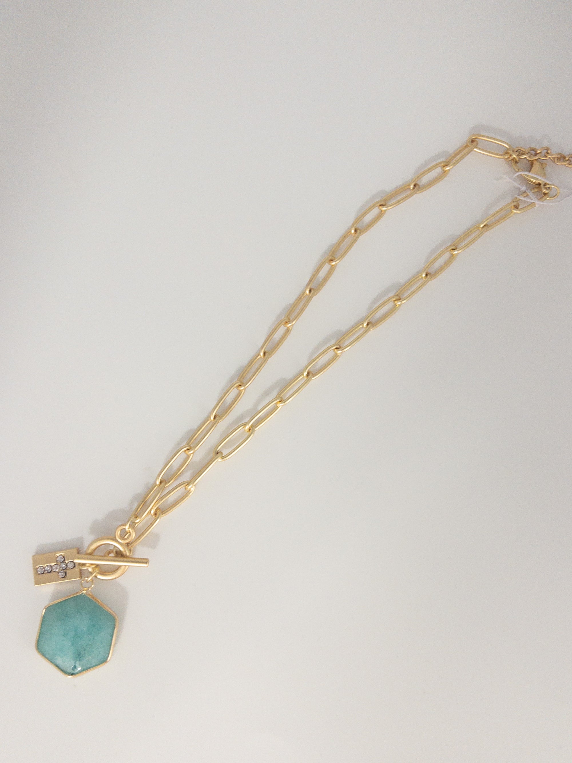 JANE MARIE GOLD TOGGLE, AMAZONITE STONE, GOLD RECTANGLE WITH CRYSTAL CROSS NECKLACE