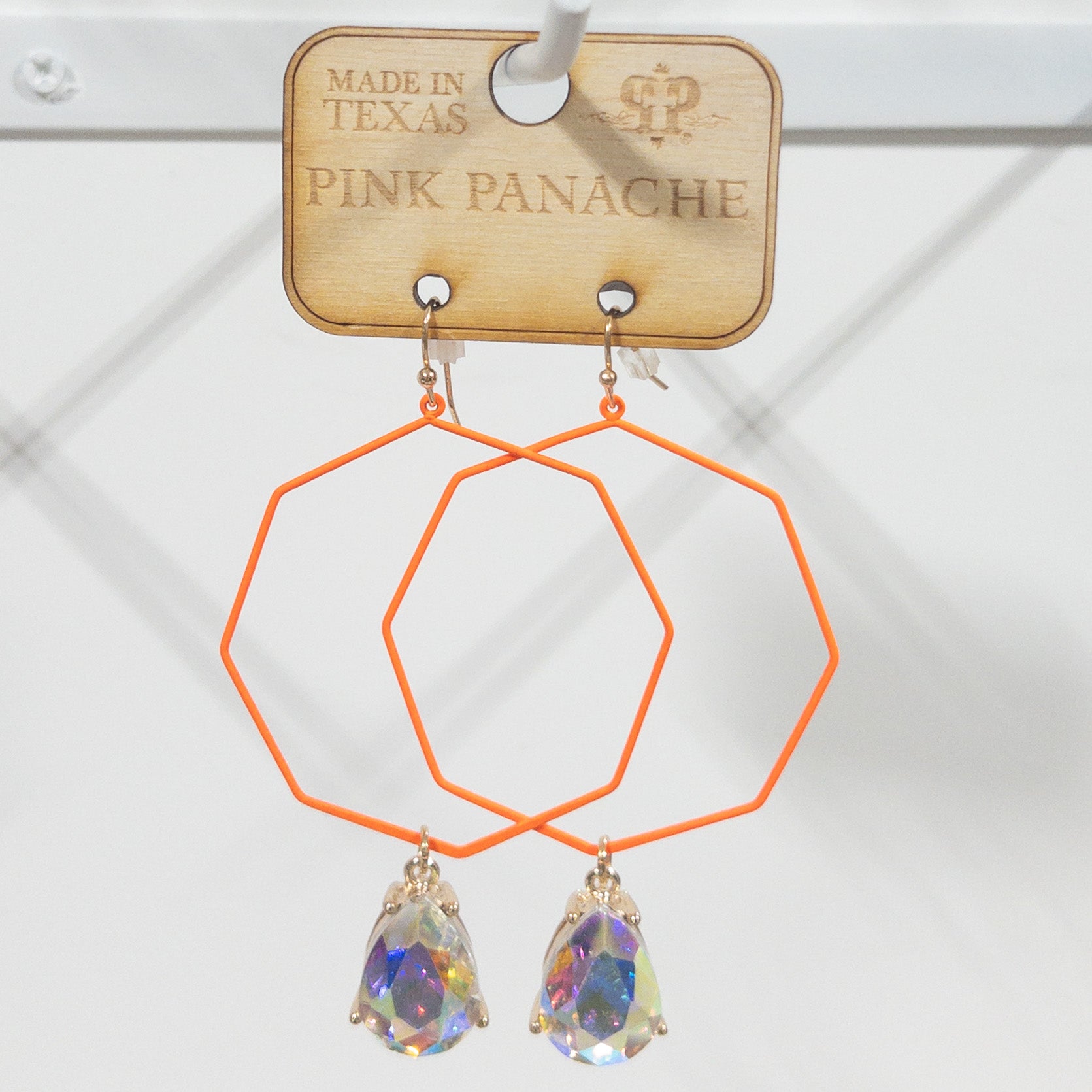 ORANGE SHAPED IRIDESCENT GEM FISH HOOK DANGLES PINK PANACHE