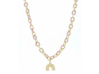 PINK ENAMEL CHAIN AND GOLD RAINBOW ARCH NECKLACE