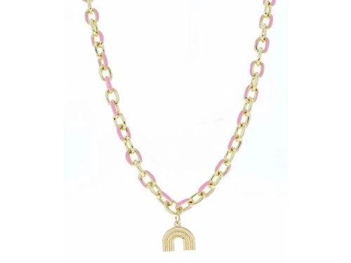 PINK ENAMEL CHAIN AND GOLD RAINBOW ARCH NECKLACE