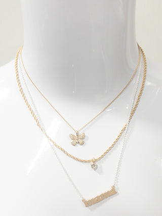 3 STRAND, GOLD BUTTERFLY, CLEAR CRYSTAL DROP, GOLD "MAMA" BAR NECKLACE