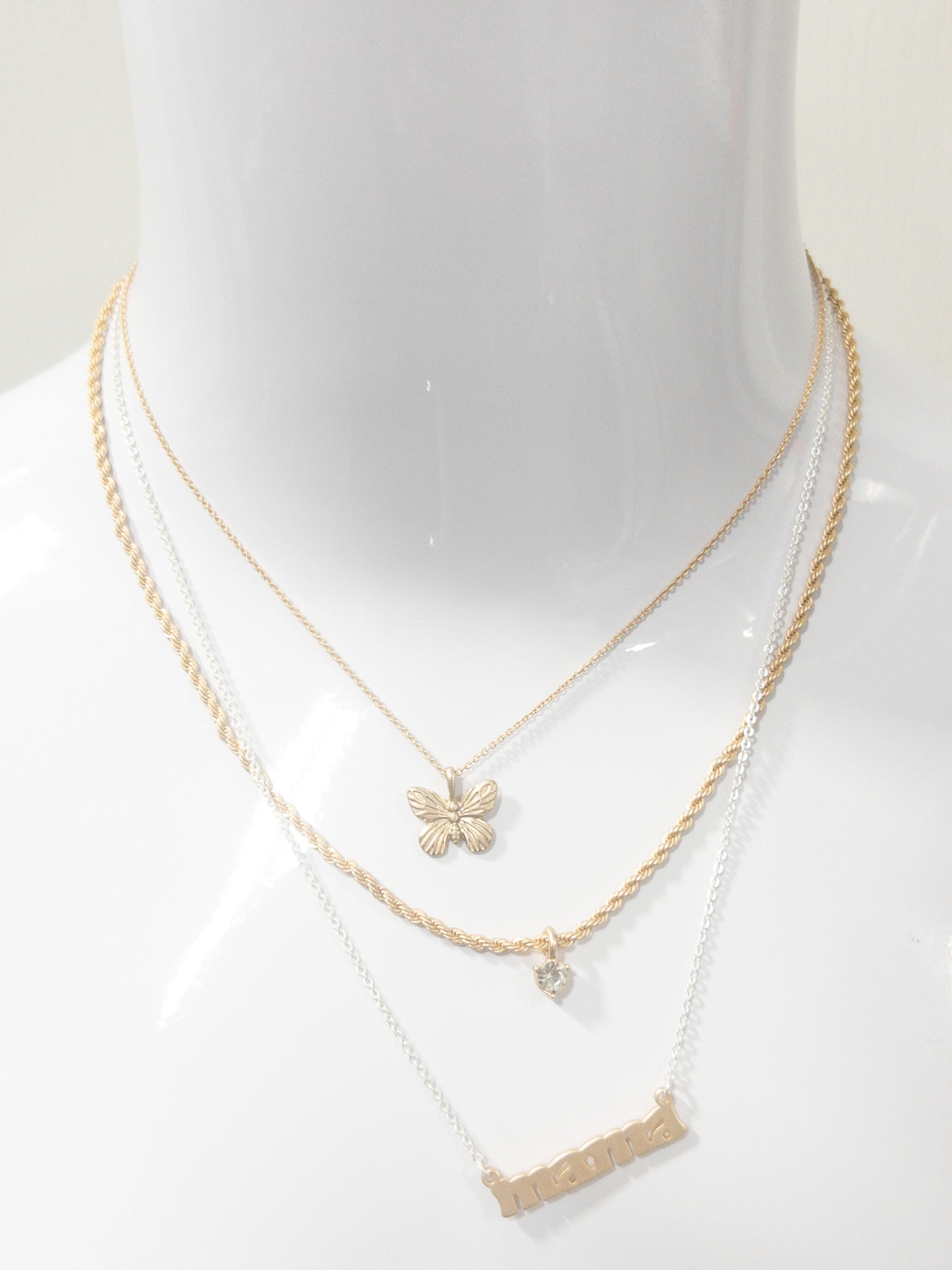 3 STRAND, GOLD BUTTERFLY, CLEAR CRYSTAL DROP, GOLD "MAMA" BAR NECKLACE
