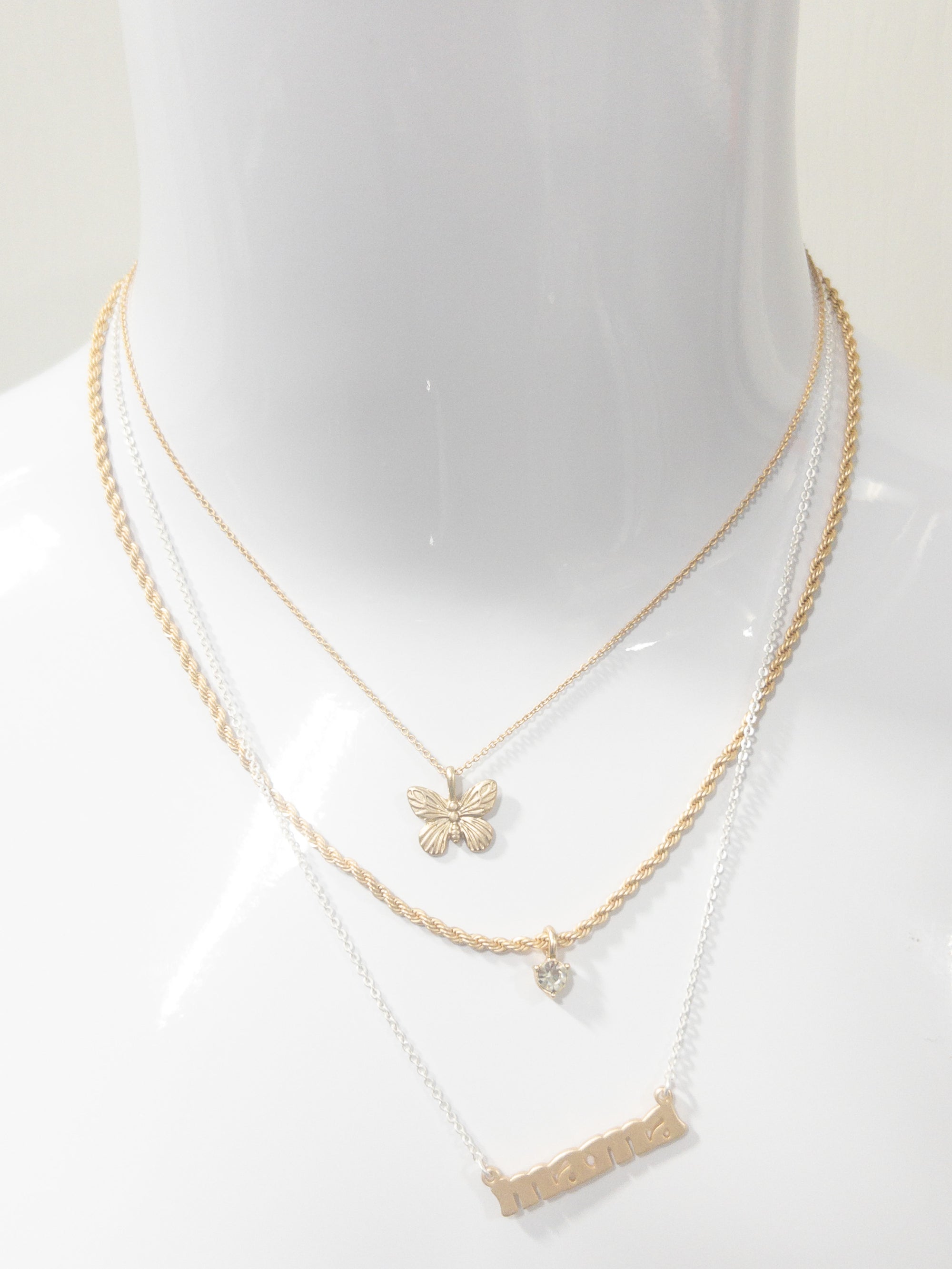 3 STRAND, GOLD BUTTERFLY, CLEAR CRYSTAL DROP, GOLD "MAMA" BAR NECKLACE