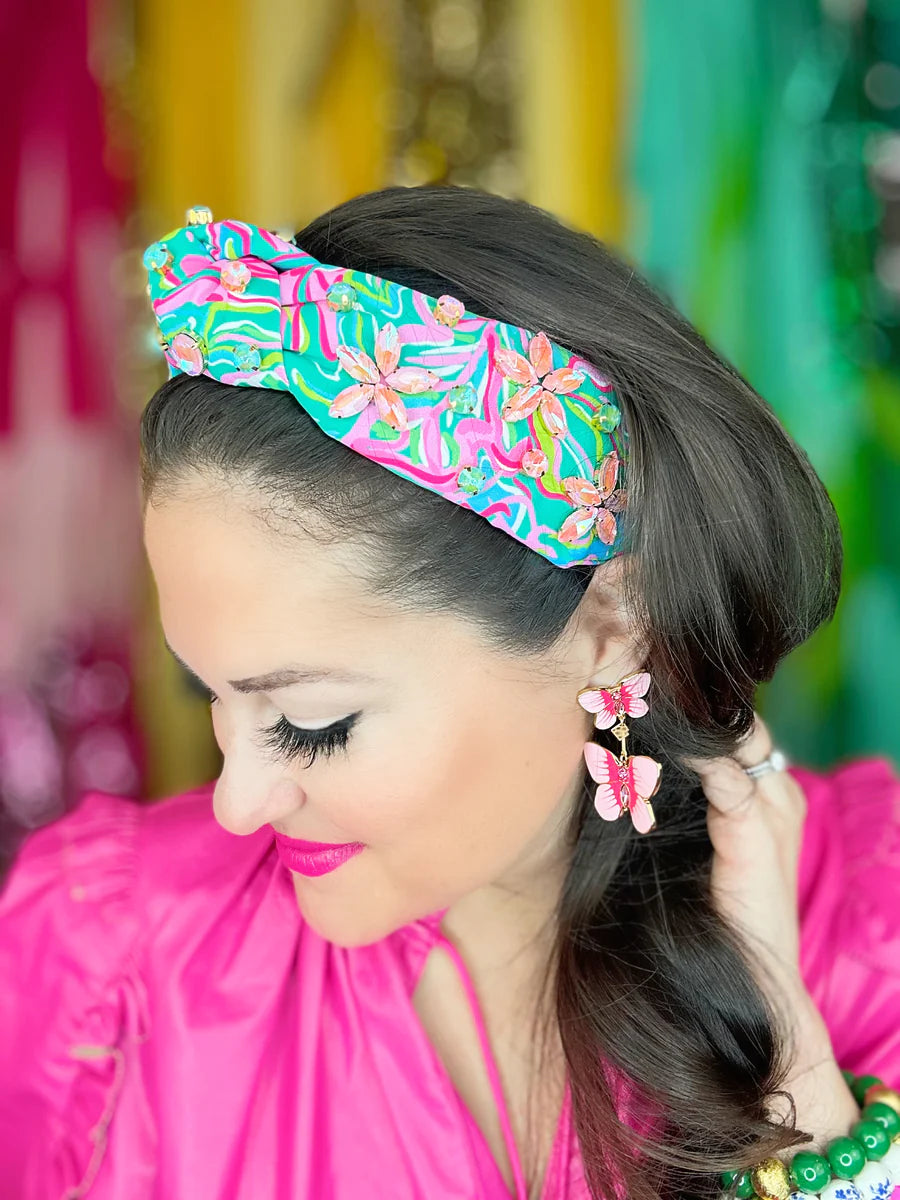 BRIGHT SPRING FLORAL HEADBAND WITH PINK FLOWER CRYSTALS HEADBAND