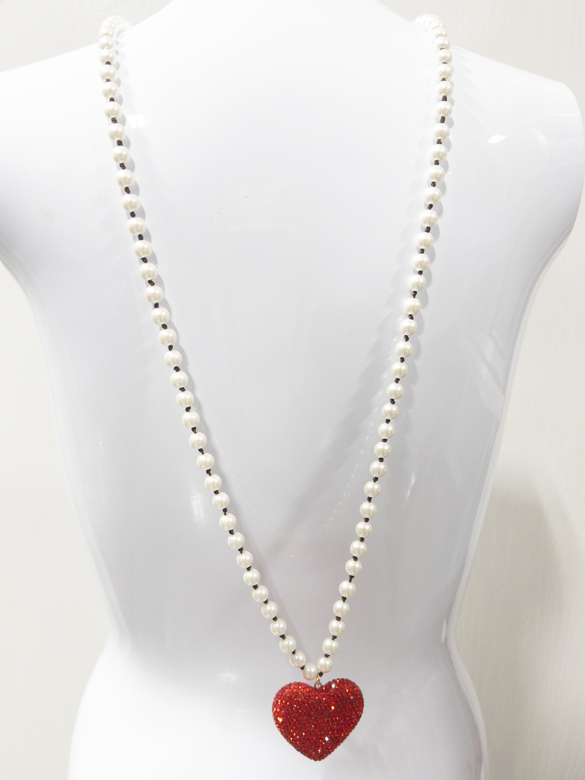 PINK PANACHE PEARL XLONG RED BLING HEART NECKLACE