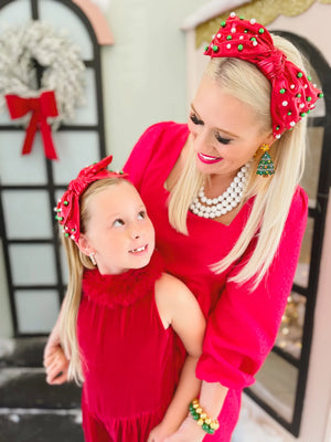 CHILD RED CHRISTMAS BOW HEADBAND WITH BEADS