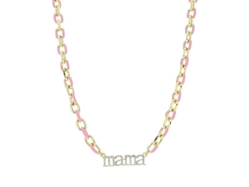 PINK ENAMEL CHAIN WITH CLEAR CRYSTAL "MAMA" BAR NECKLACE