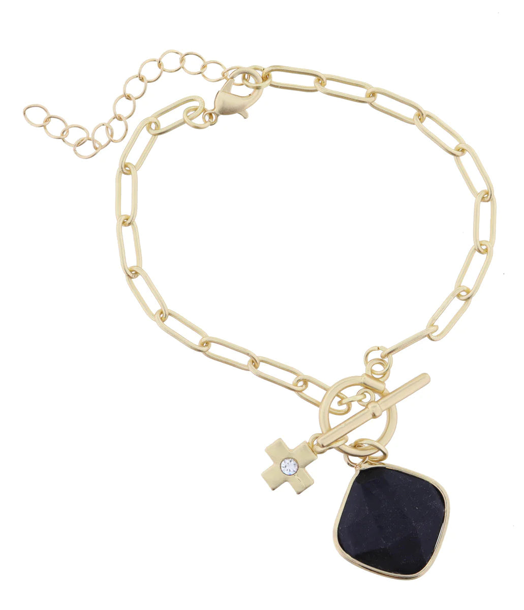 GOLD TOGGLE, JET SQUARE STONE, GOLD SQUARE CROSS WITH CRYSTAL BRACELET JANE MARIE