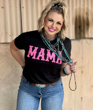 MAMA NEON PINK BLACK TEE