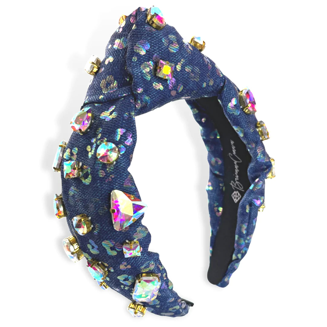 BRIANNA CANNON LEOPARD DENIM HEADBAND WITH IRIDESCENT CRYSTALS