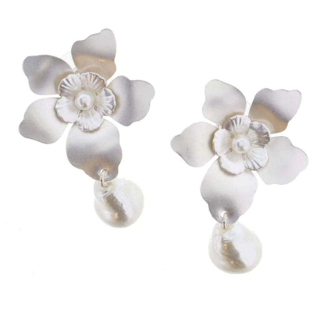 SILVER FLOWER POST WITH PEARL CENTER AND BAROQUE PEARL DROP EARRINGS JANE MARIE