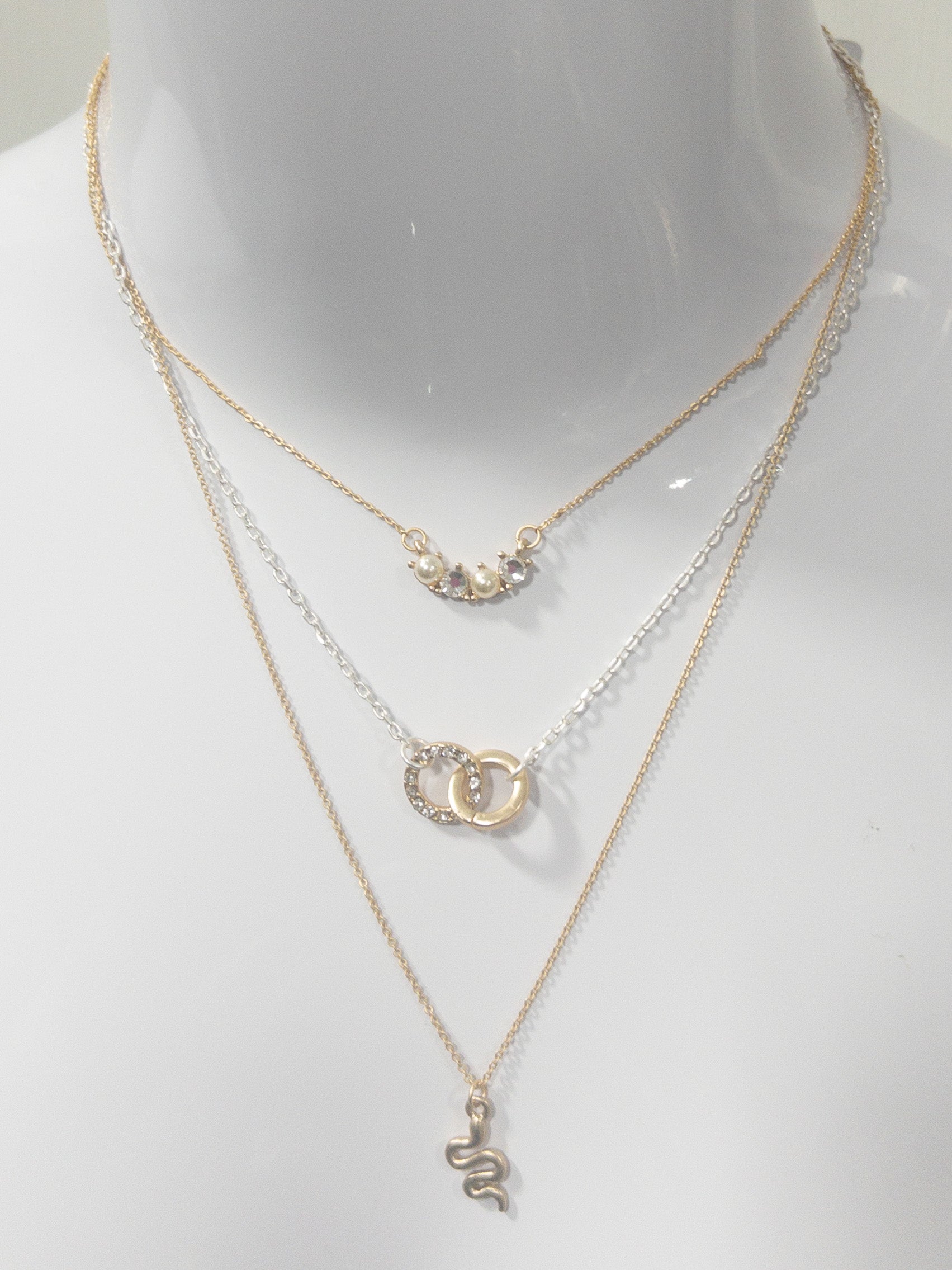 3 STRAND, PEARL AND CLEAR CRYSTAL CURVED BAR, GOLD AND CLEAR CRYSTAL CIRCLE LINKS, GOLD SNAKE NECKLACE