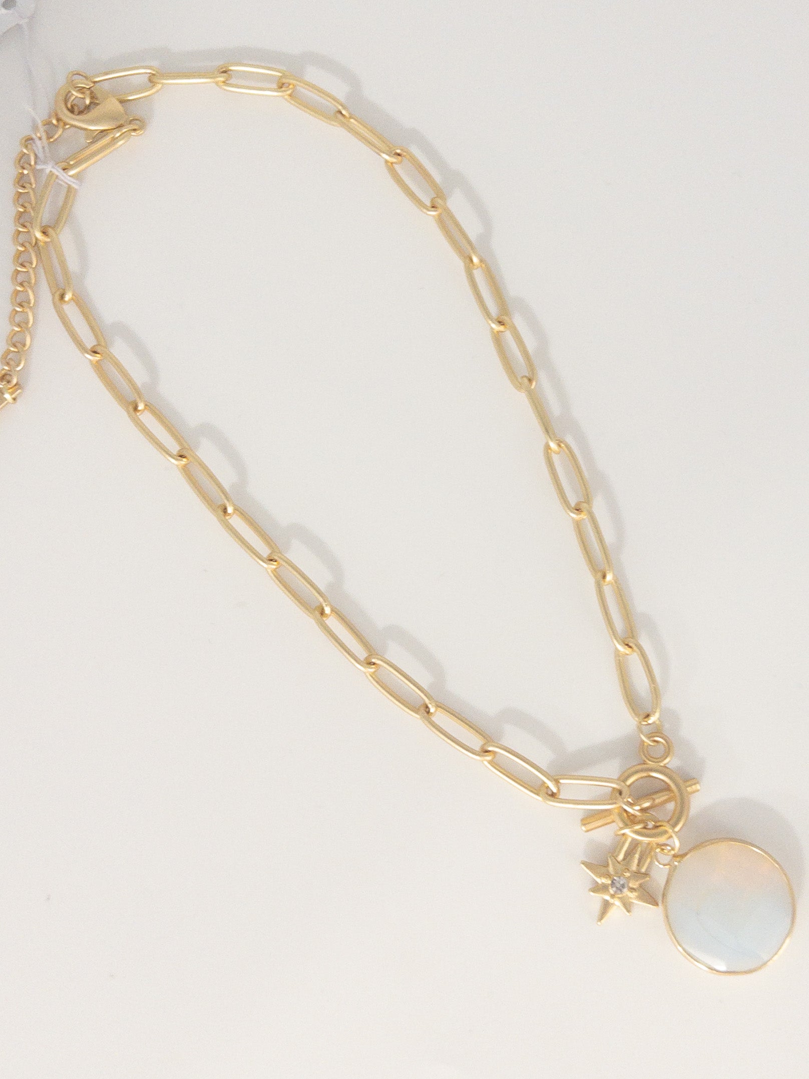 GOLD TOGGLE, OPALITE STONE, GOLD STARBURST WITH CRYSTAL LATCH NECKLACE JANE MARIE