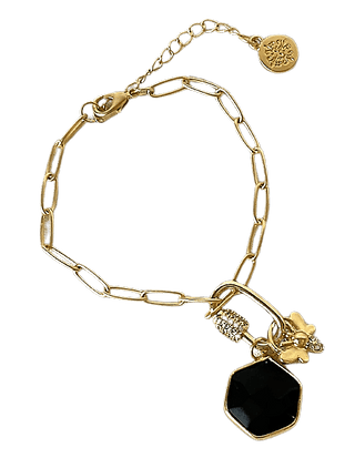 GOLD CARABINER WITH CRYSTALS, JET HEXAGON STONE, GOLD BEE LATCH BRACELET JANE MARIE