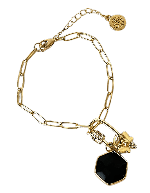 GOLD CARABINER WITH CRYSTALS, JET HEXAGON STONE, GOLD BEE LATCH BRACELET JANE MARIE