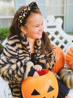 CHILD SIZE CANDY CORN TWEED HEADBAND WITH CRYSTALS