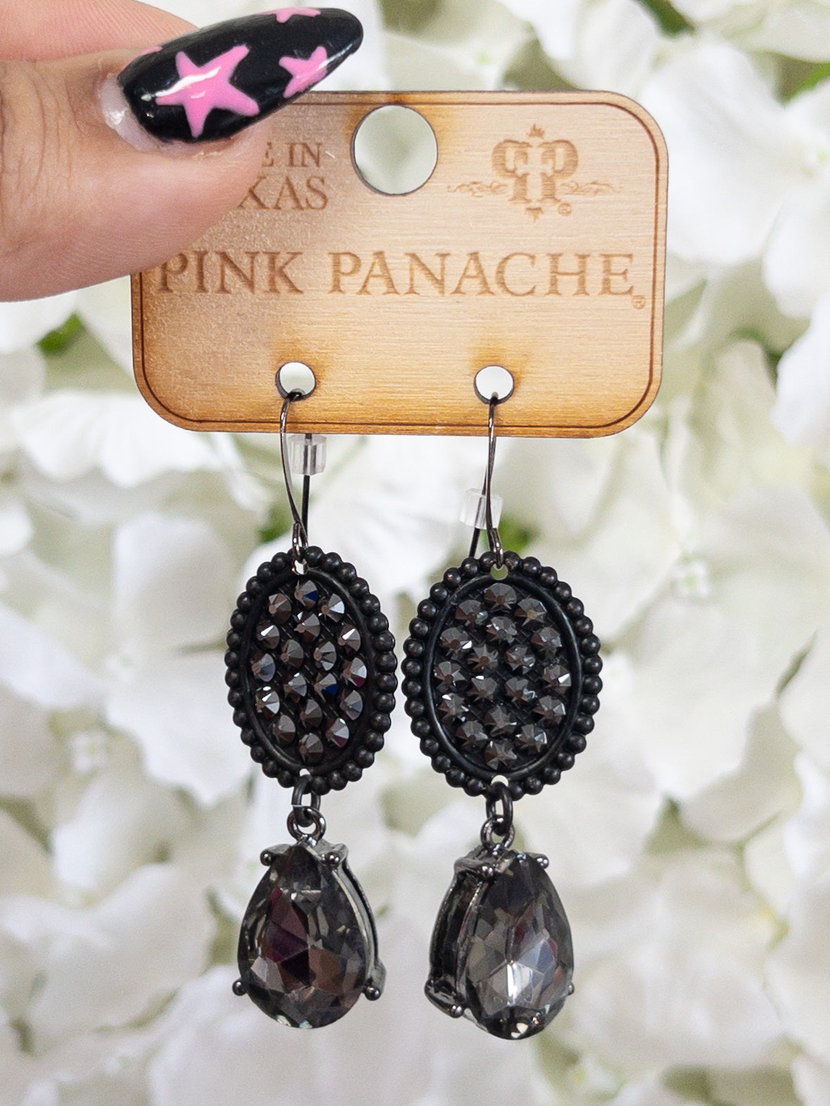 BLACK RHINESTONE WESTERN PINK PANACHE DANGLES