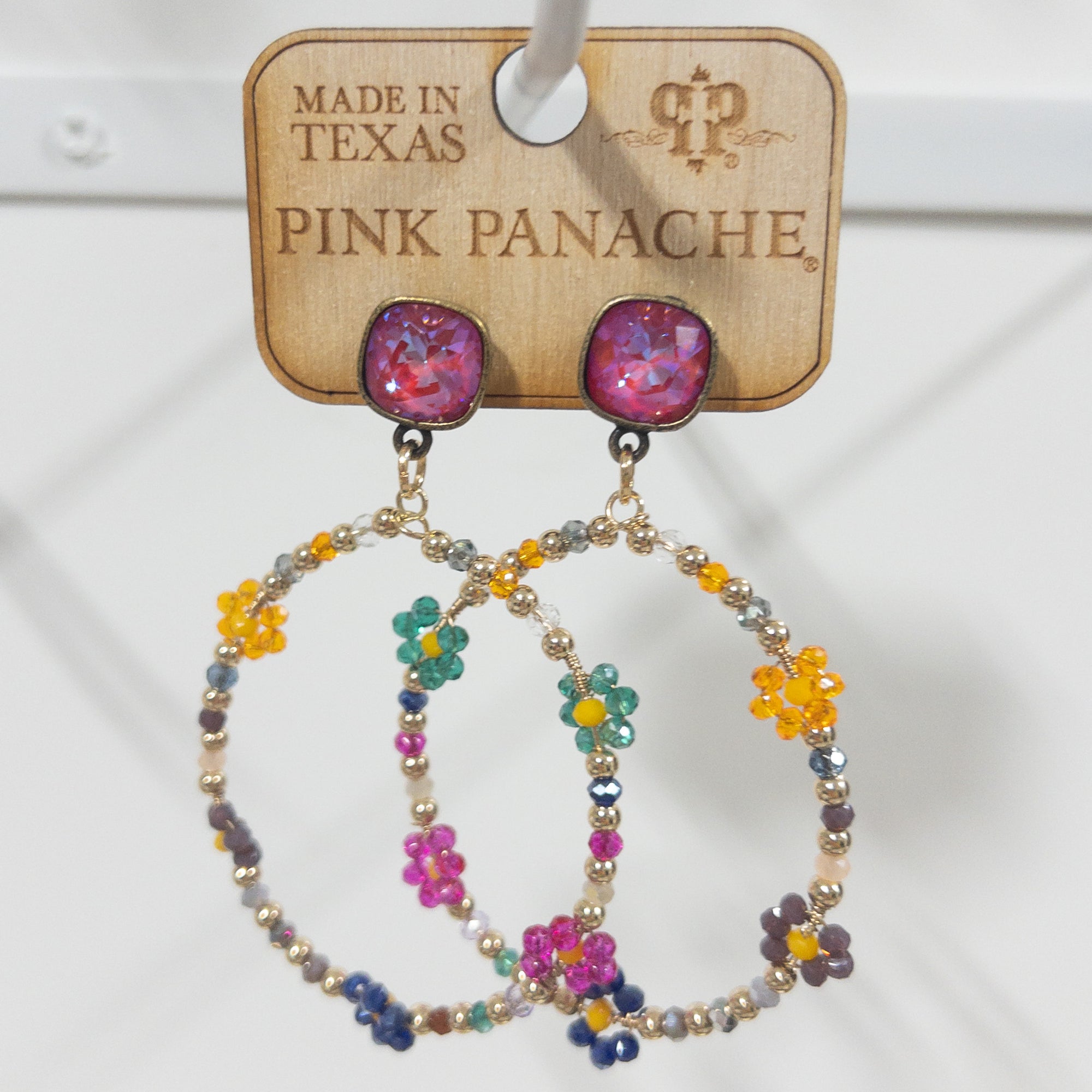 PINK GEM FLORAL BEADED CIRCLE DANGLES PINK PANACHE