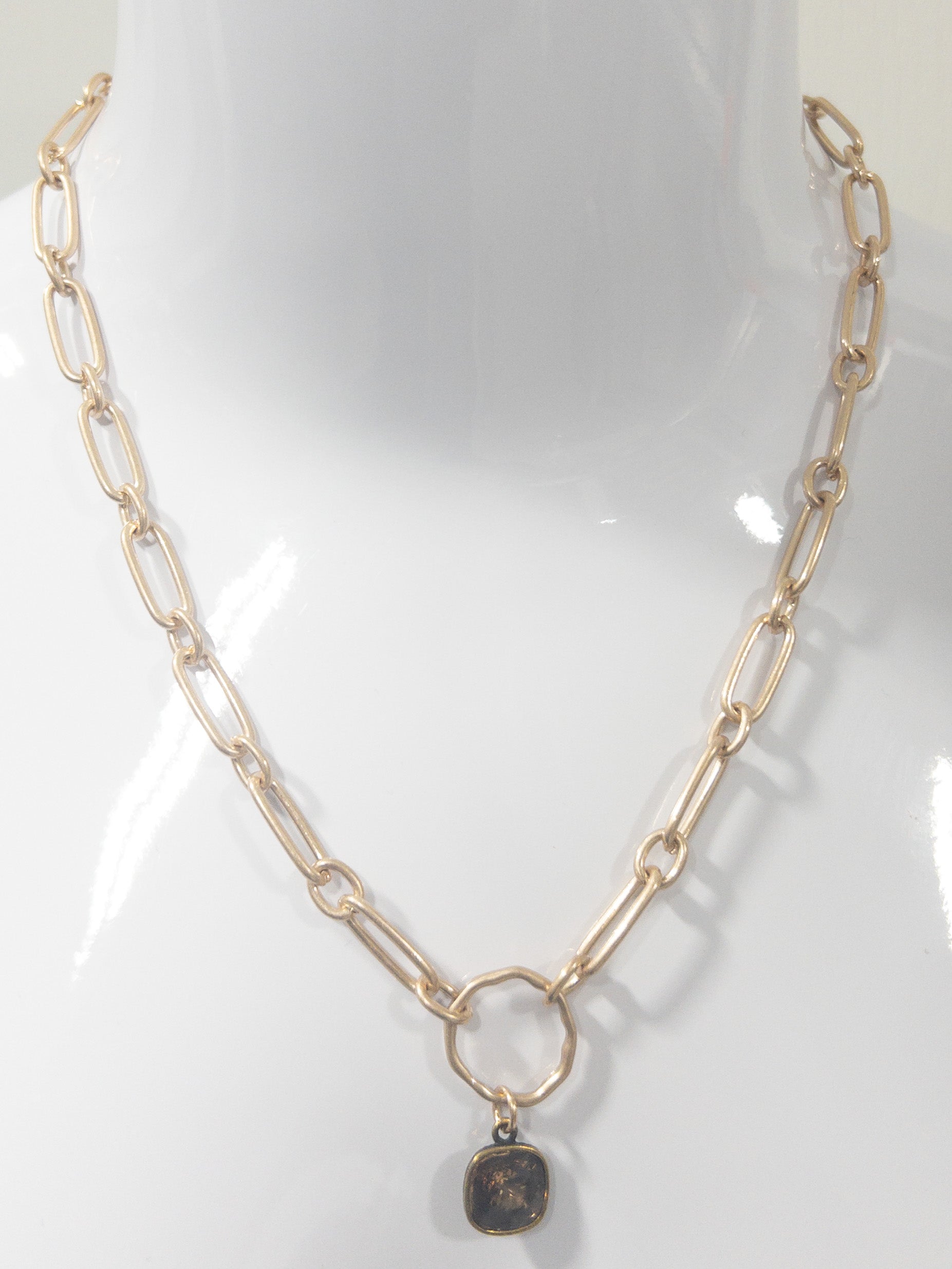 PINK PANACHE GOLD CHAIN LINK W BROWN GEM NECKLACE