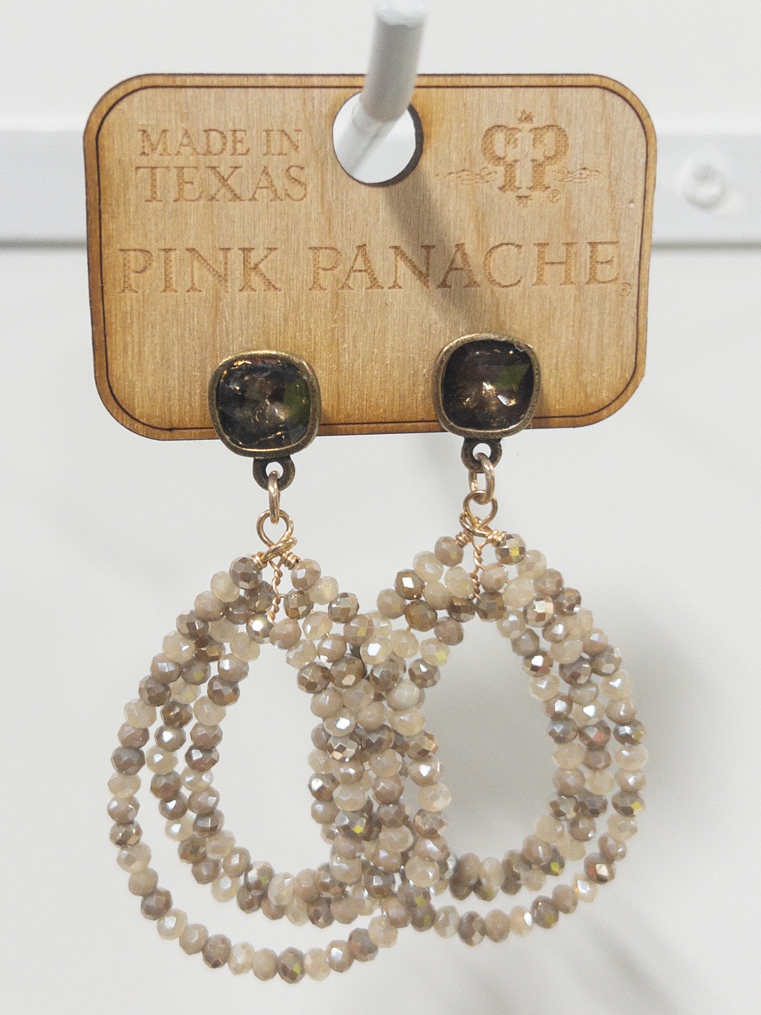 PINK PANACHE BROWN GEM TAN BEAD DOUBLE TEARDROP BEAD